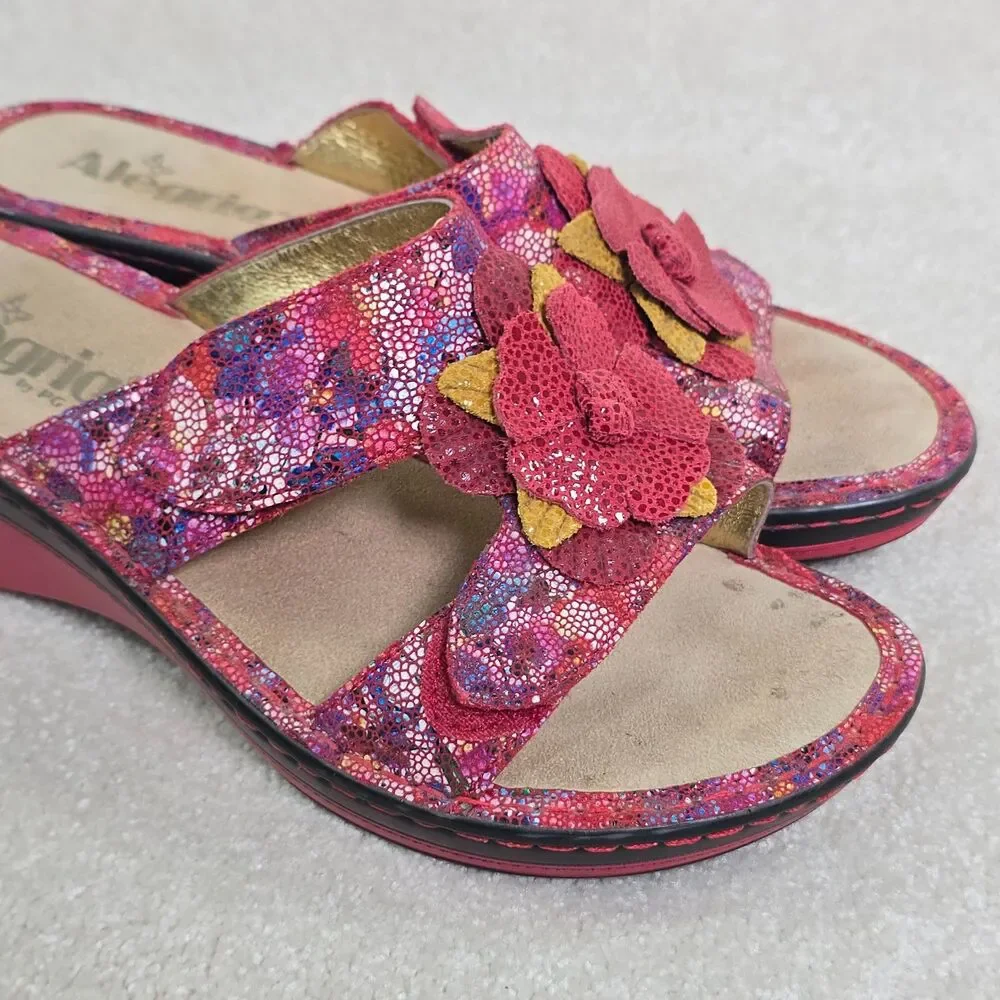Alegria Lana  Red Leather Wedge Platform Sandals Flower Women's Size 37